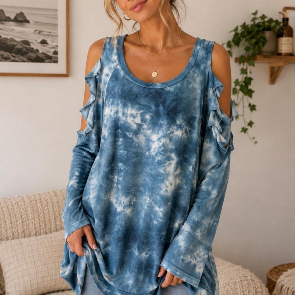 Mai Soli Blue Tie Dye Ruffle Cold Shoulder Long Sleeve Top MT1435AX 1XL USA Made